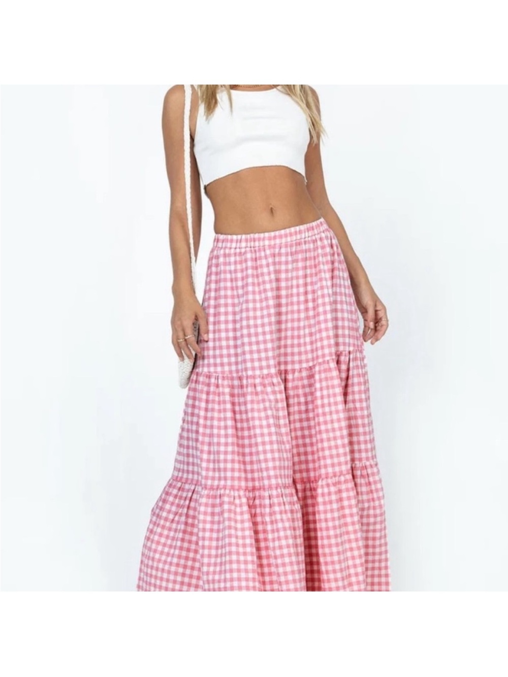 Princess Polly Pink Gingham Tiered Maxi Skirt